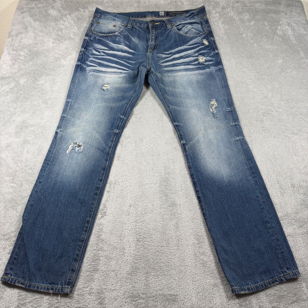 Marc Ecko Cut & Sew Jeans Men 34x32 (Fit 37x32) Blue Distressed Straight Leg